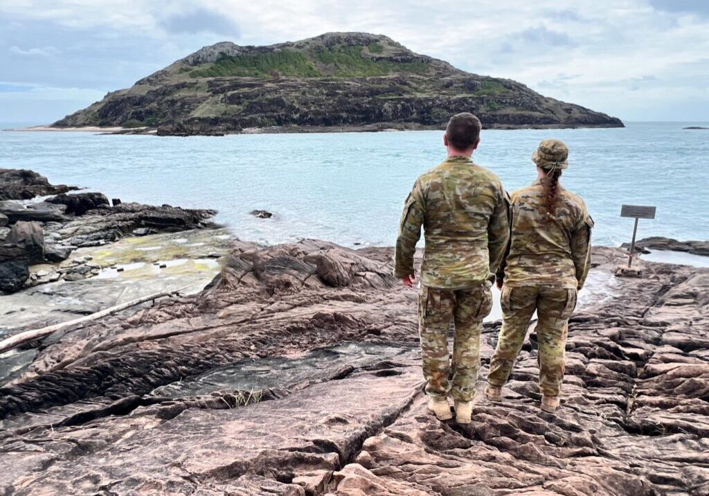 SEISIA, QLD - JUNE 15 2023:Australian army soldiers gourdthe the Northernmost Point of the Australian Continent located at the top of Cape York peninsula in Queensland, Australia.